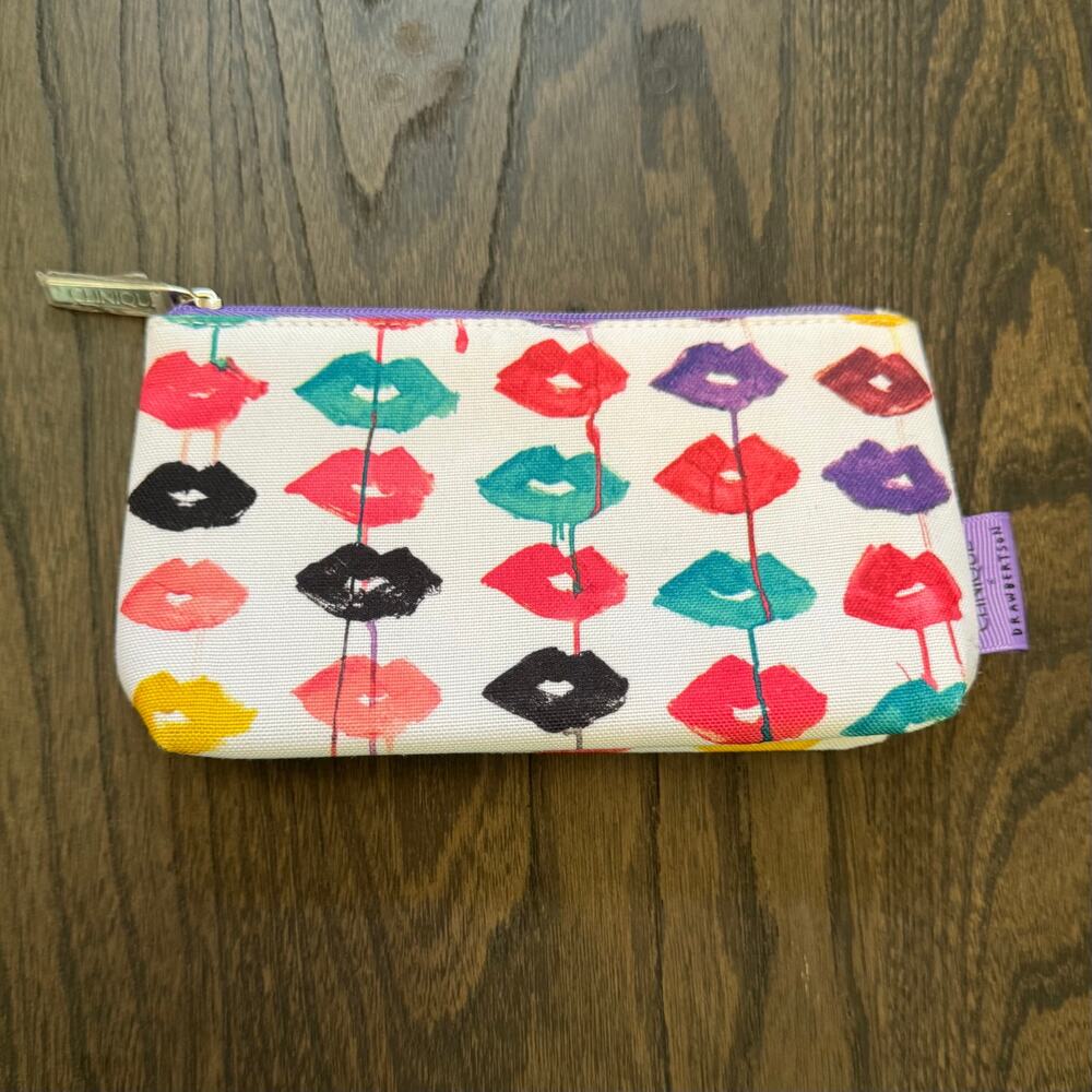Clinique x Drawbertson Drippy Lips Cosmetic Makeup Bag Pouch Multicolor NWOT